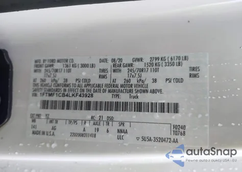 2020 Ford F-150 Xl from USA, damaged, VIN 1FTMF1CB4LKF43928
